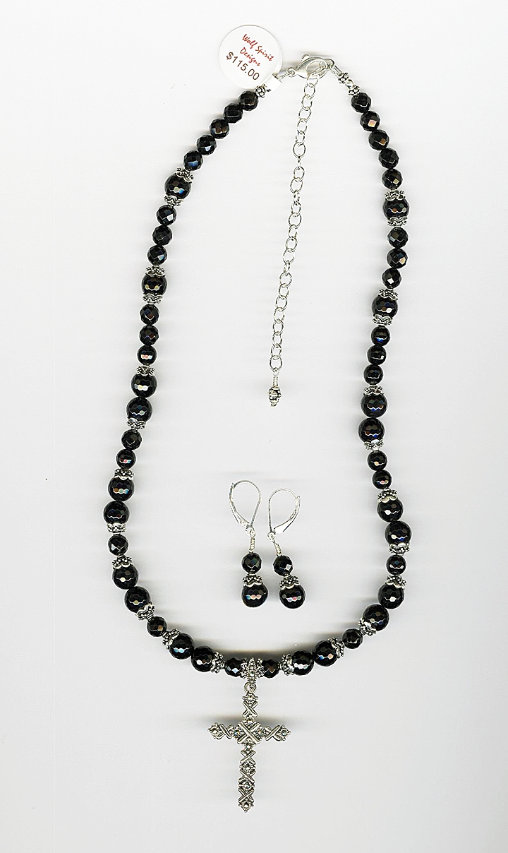 Black Onyx Necklace with Marcasite Cross